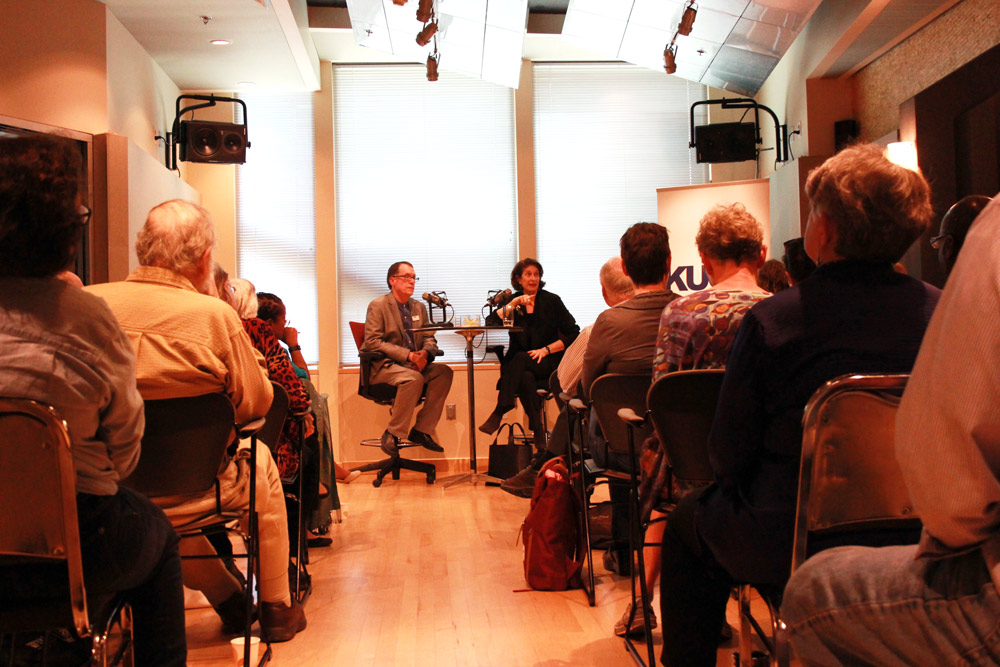 caption: Ross Reynolds interviews Mara Liasson at a KUOW event on March 31, 2016.