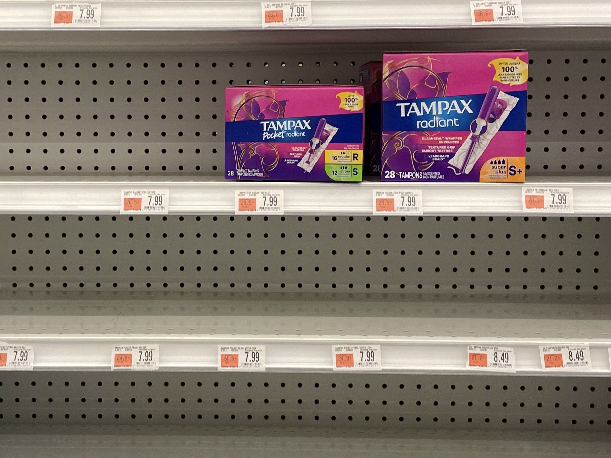 caption: At a Bed Bath & Beyond in Rockville, Md., on Friday, few tampon options are available.