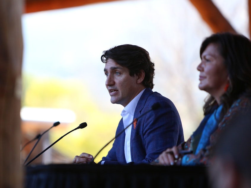 caption: Canadian Prime Minister Justin Trudeau makes a speech during his visit to Tk'emlups the Secwepemc First Nation in Kamloops, British Columbia, Canada on Monday.