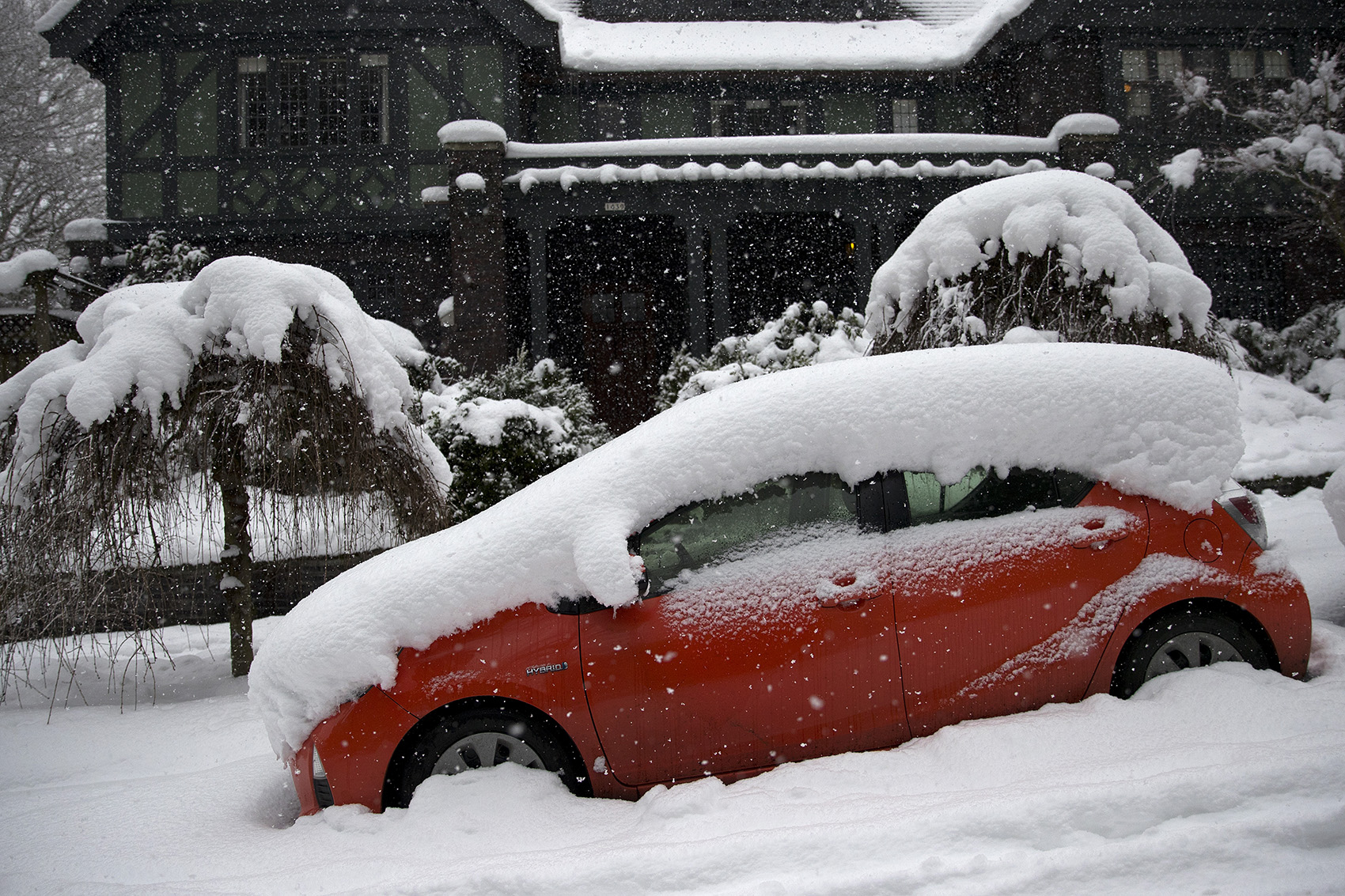 caption: A car blanketed in snow is shown on Monday, February 11, 2019, on Prospect Street in Seattle.
