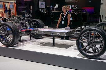 caption: A "blade battery" made by Chinese company BYD for use in EVs (on display in Munich, Germany in 2023).