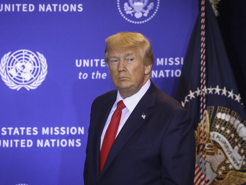 caption: President Trump arrives at a press conference on the sidelines of the United Nations General Assembly on Wednesday in New York City.