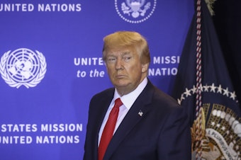 caption: President Trump arrives at a press conference on the sidelines of the United Nations General Assembly on Wednesday in New York City.