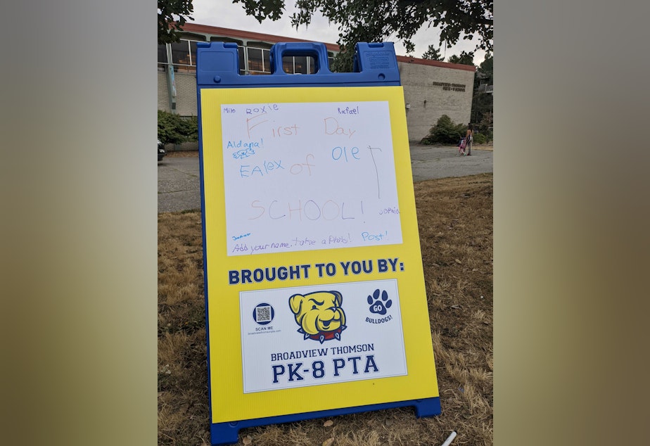 caption: A sign outside Broadview-Thomson school in north Seattle on the first day of classes, Wednesday, Sept. 14, 2022.