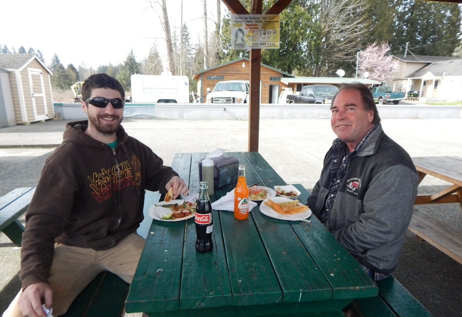 caption: Josh Etzler, left, and colleague Jeff Stewart break for lunch in Tulalip. Etzler says marijuana retail stores could be undercut by tribes.