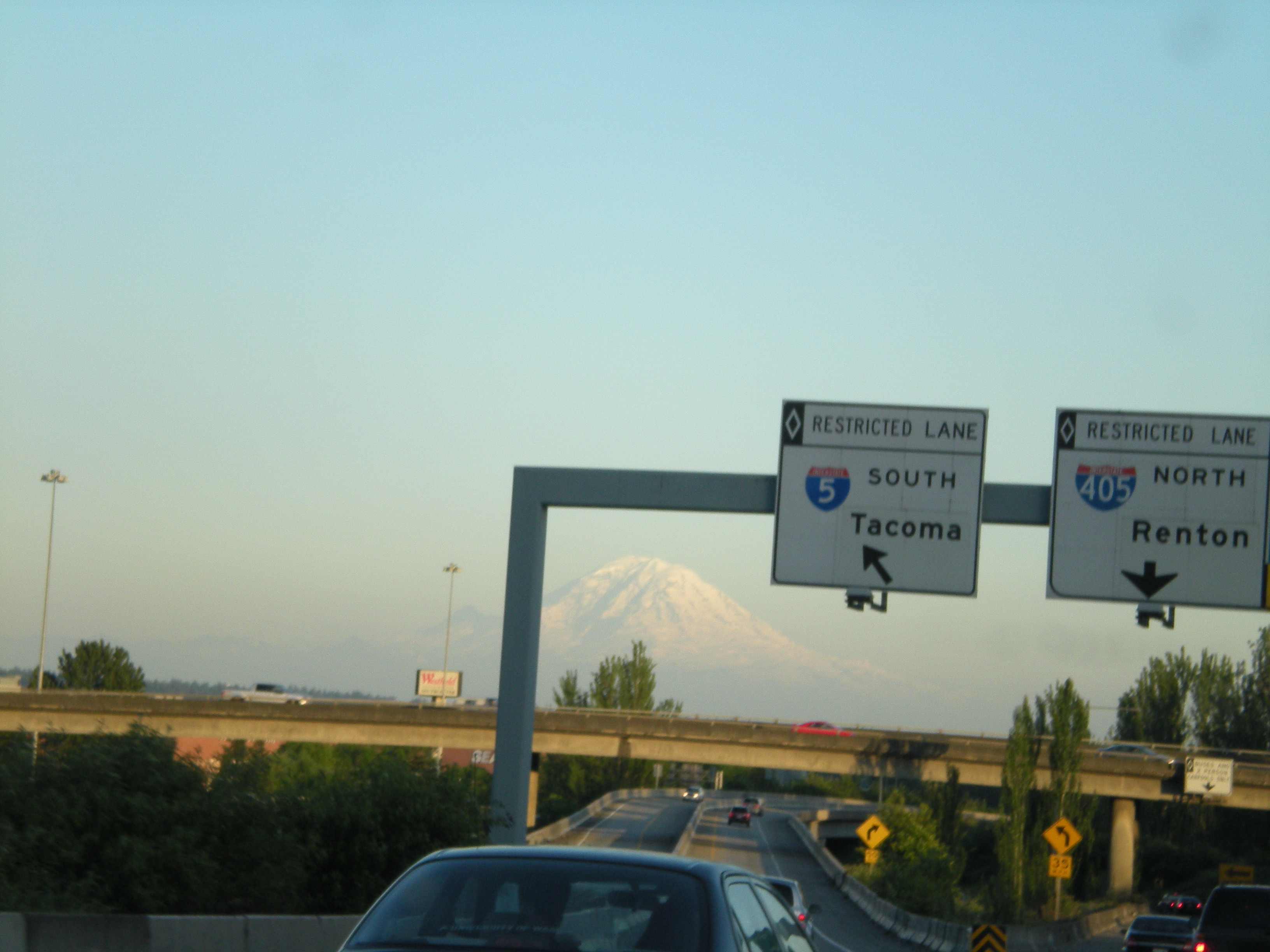 caption: It's not so bad being stuck in traffic when the mountain is out. 