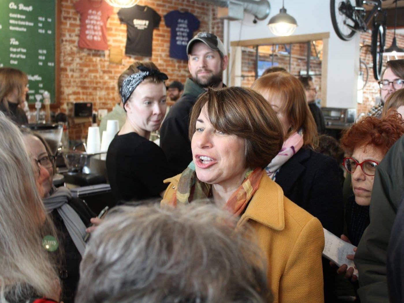 caption: Sen. Amy Klobuchar holds an event at Shift Cyclery & Coffee Bar in Eau Claire, Wis., on Feb. 16. Klobuchar is among the Democratic presidential hopefuls paying attention to Wisconsin in this election cycle.