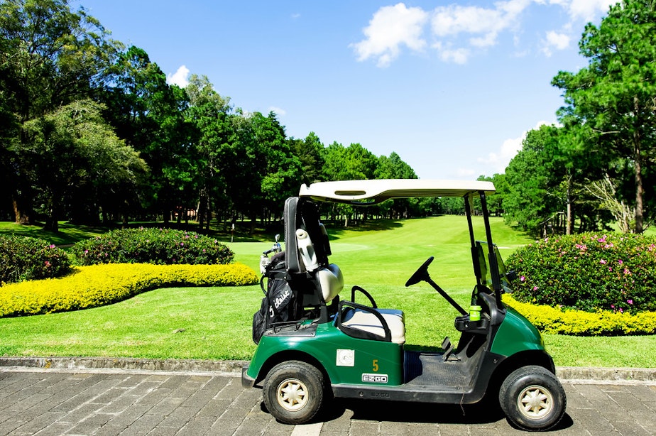 caption: Golf cart parked at a course