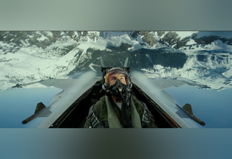 caption: Actor Tom Cruise repeatedly flew low and fast over the Cascade Range in a Whidbey Island-based Navy electronic attack jet during filming of the Top Gun sequel.