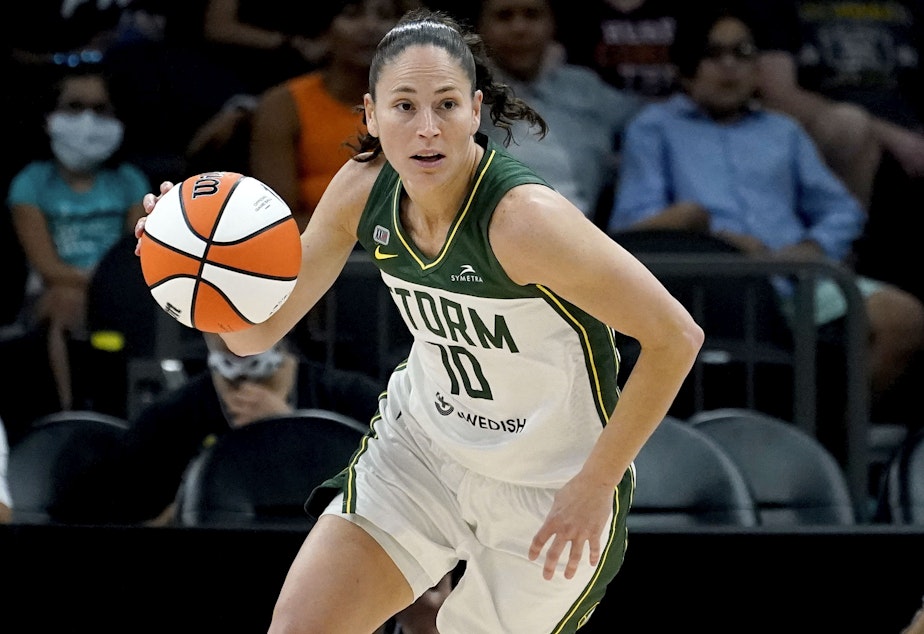 caption: Seattle Storm guard Sue Bird (10) plays during the first half of the Commissioner's Cup WNBA basketball game against the Connecticut Sun, on Aug. 12, 2021, in Phoenix. The Seattle Storm star and five-time Olympic gold medalist announced Thursday, June 16, 2022, that the 2022 season will be her last playing in the WNBA.