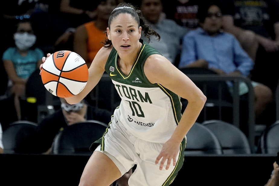 caption: Seattle Storm guard Sue Bird (10) plays during the first half of the Commissioner's Cup WNBA basketball game against the Connecticut Sun, on Aug. 12, 2021, in Phoenix. The Seattle Storm star and five-time Olympic gold medalist announced Thursday, June 16, 2022, that the 2022 season will be her last playing in the WNBA.