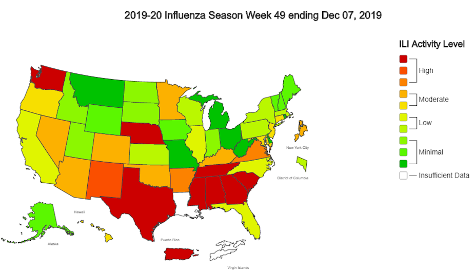 caption: Washington state is a hotspot at the moment for "influenza-like illnesses," according to the Centers for Disease Control and Prevention.
