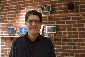 caption: Author Sherman Alexie in the KUOW studios.