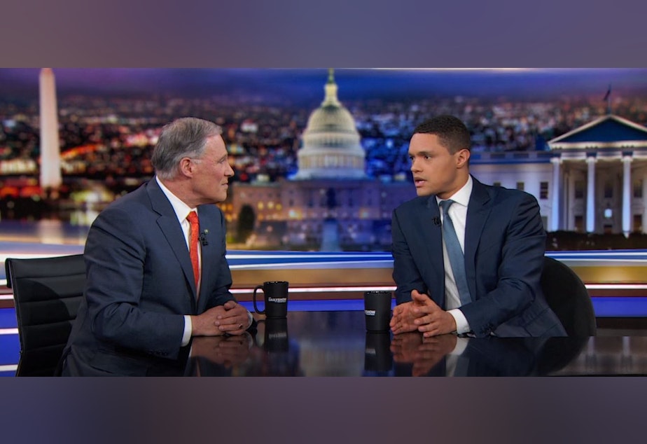 caption: Jay Inslee on The Daily Show with Trevor Noah on Monday.