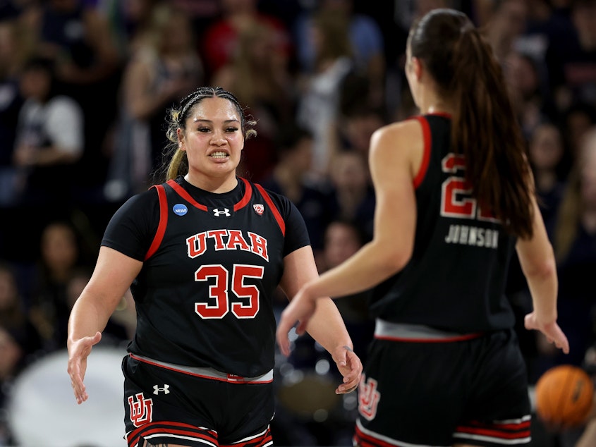 caption: Alissa Pili #35 and Jenna Johnson #22 of the Utah Utes react after a basket against the Gonzaga Bulldogs in the second round of the NCAA Women's Basketball Tournament in Spokane, Wash. on March 25, 2024. (Photo by Steph Chambers/Getty Images)
