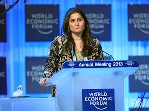 caption: Sharmeen Obaid Chinoy, documentary filmmaker at SOC Films, talks during the Crystal Award Ceremony Exploring Arts in Society' at the Annual Meeting 2013 of the World Economic Forum in Davos, Switzerland, January 22, 2013.