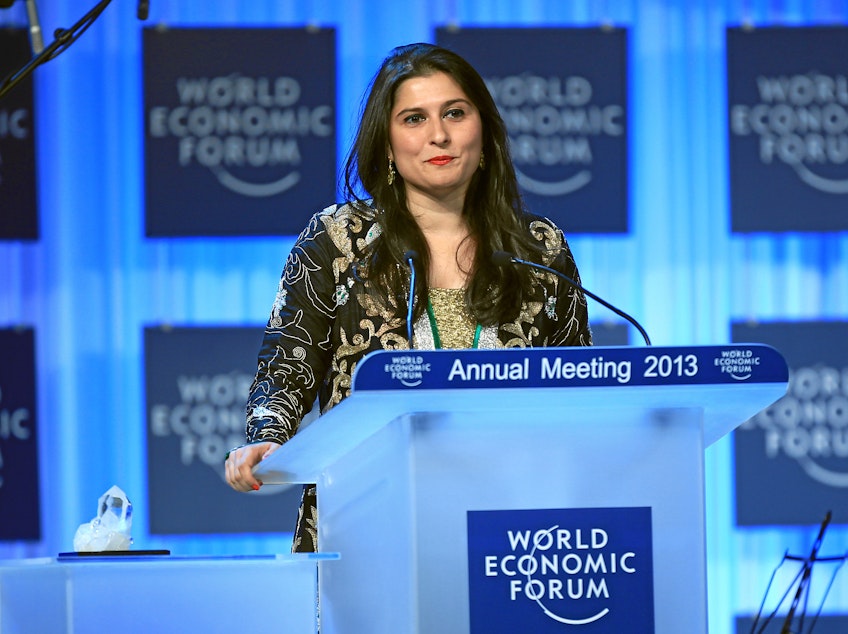 caption: Sharmeen Obaid Chinoy, documentary filmmaker at SOC Films, talks during the Crystal Award Ceremony Exploring Arts in Society' at the Annual Meeting 2013 of the World Economic Forum in Davos, Switzerland, January 22, 2013.
