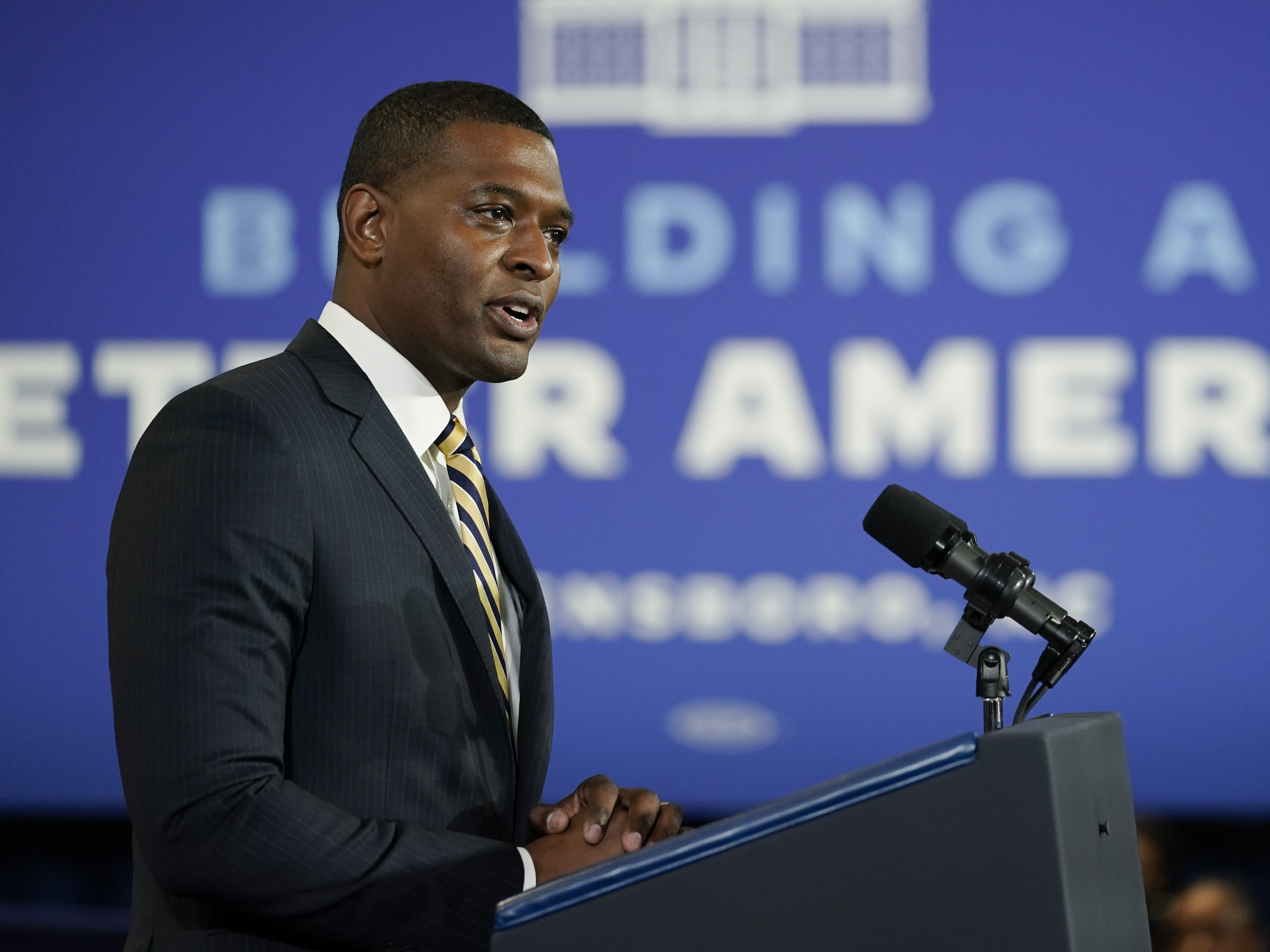 caption: Environmental Protection Agency administrator Michael Regan speaks at North Carolina Agricultural and Technical State University, in Greensboro, N.C., on April 14. The EPA is warning that two nonstick and stain-resistant compounds in drinking water pose health risks at levels below the government's ability to detect them.