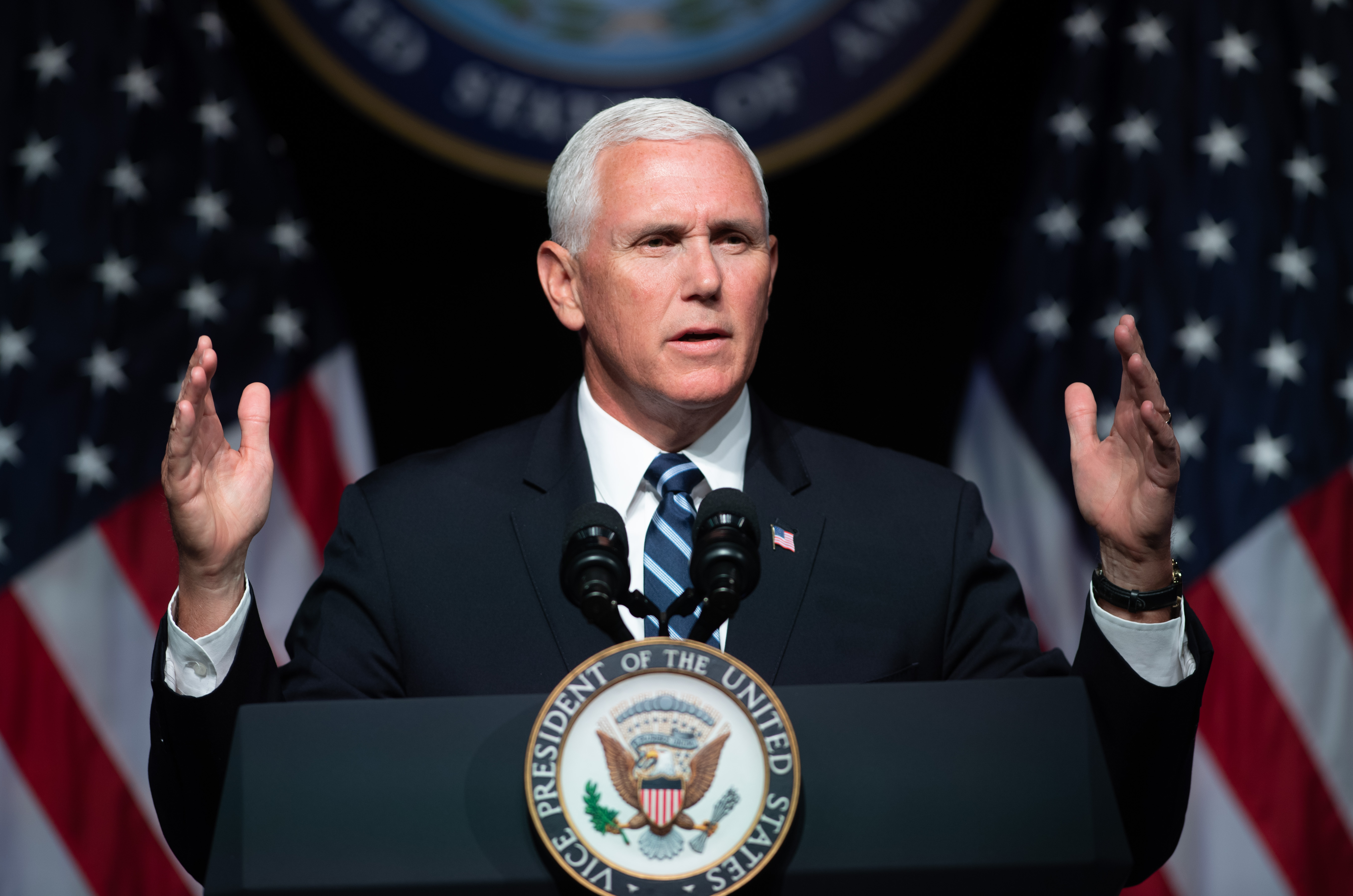 caption: Vice President Mike Pence speaks about the creation of a new branch of the military, Space Force, at the Pentagon in Washington, D.C., on Aug. 9, 2018. (Saul Loeb/AFP/Getty Images)