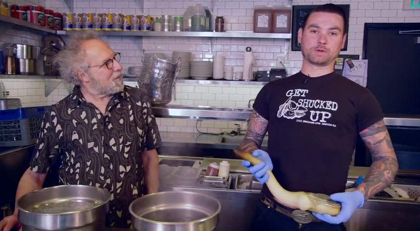 caption: Kevin Bartlett of Taylor Shellfish in Seattle shows David George Gordon, the bug chef, how to cook geoduck.