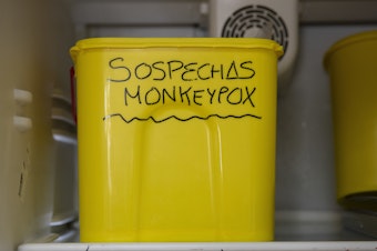 caption: A bucket with suspected monkeypox samples is stored at a laboratory in Spain in June.