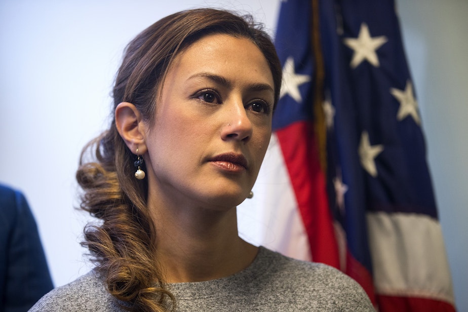 caption: Negah Hekmati, 38, details her 5-hour delay returning to the U.S. from Canada with her family, during a press conference at Rep. Pramila Jayapal's office on Monday, January 6, 2020, in downtown Seattle. 