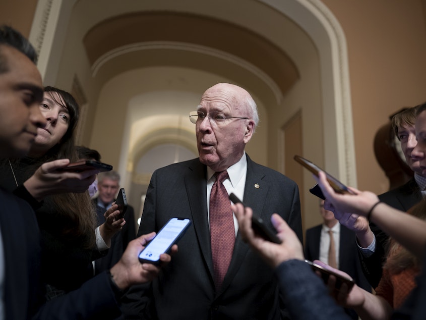 caption: Senate Appropriations Committee Chair Patrick Leahy, D-Vt., speaks with reporters at the U.S. Capitol on Monday about negotiations on the government spending package.