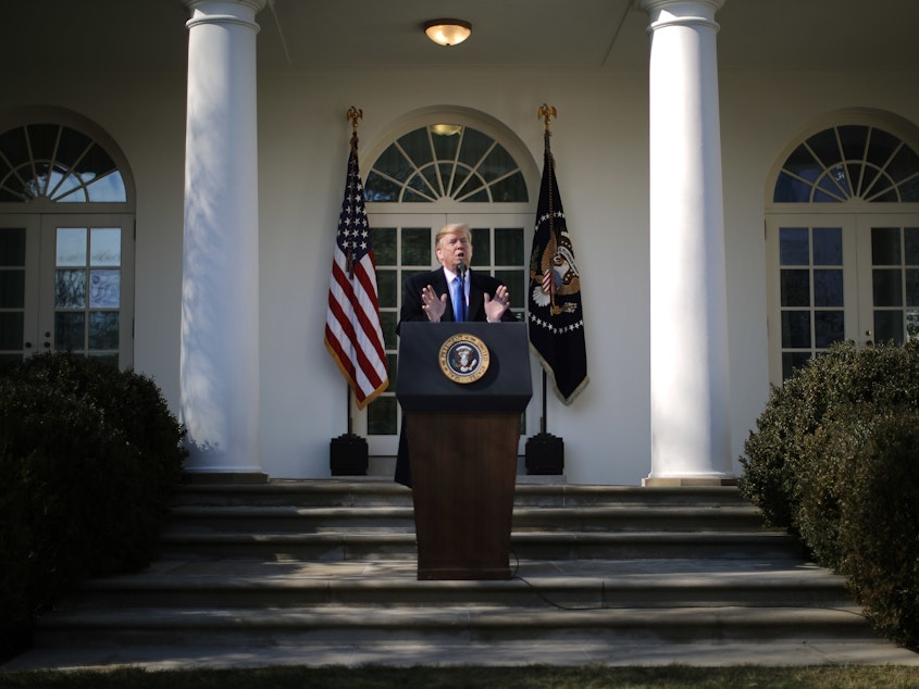 caption: President Trump announces his emergency declaration during a Rose Garden event at the White House on Friday.