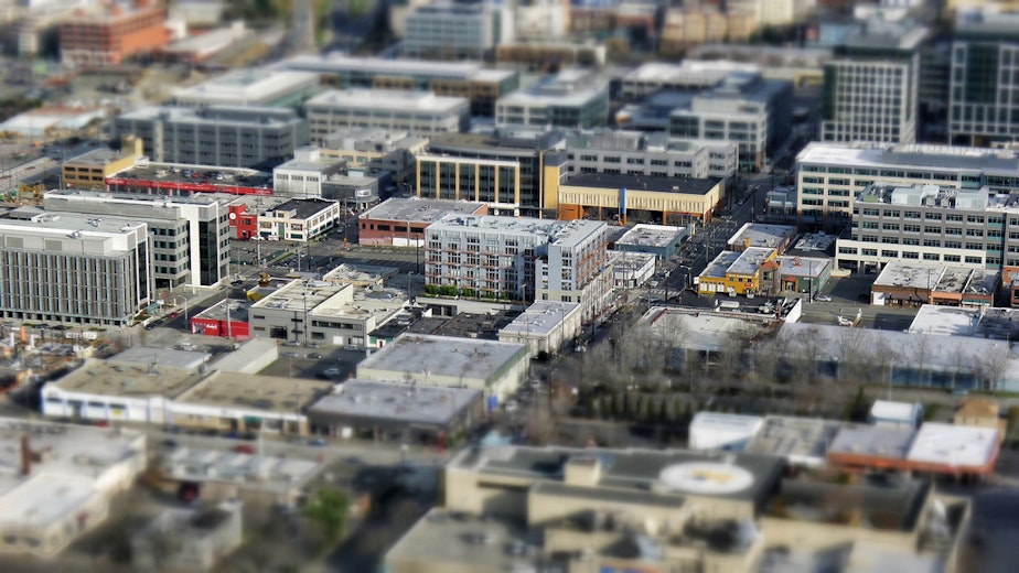 caption: South Lake Union as viewed from the Space Needle.