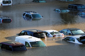 caption: In 2021, Hurricane Ida cut a path of destruction from the Gulf Coast to the Northeast. Vehicles parked in Philadelphia were submerged after the storm brought torrential rain.
