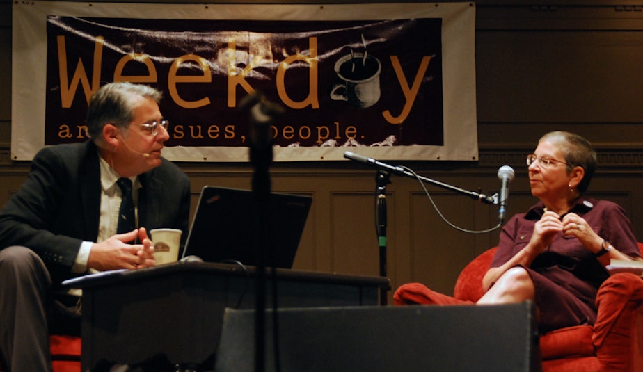 caption: Steve Scher and Nancy Pearl
