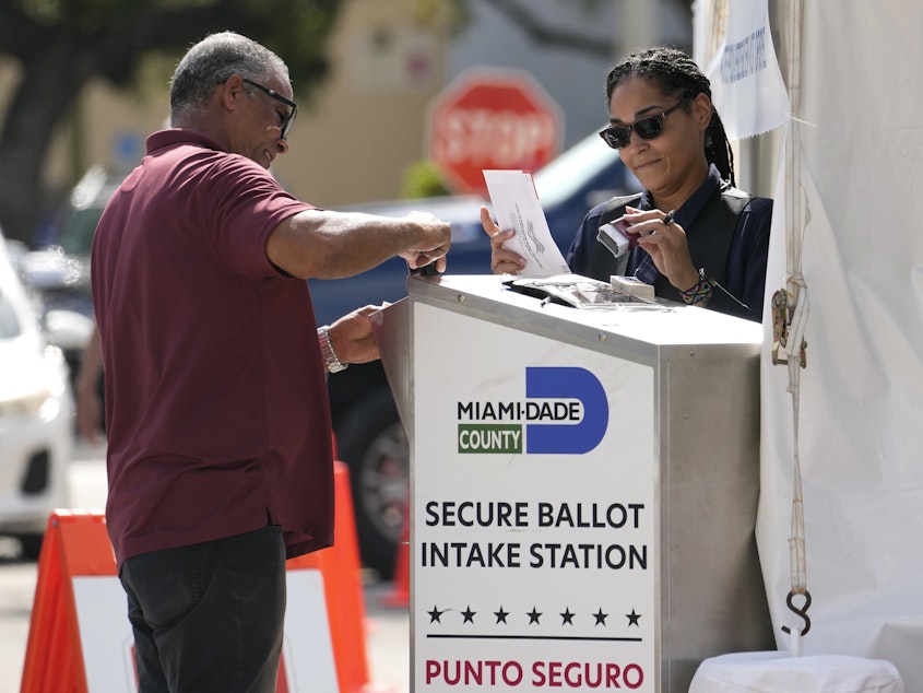 caption: Employees of the Miami-Dade County Elections Department process vote-by-mail ballots for the midterm elections in November 2022 in Miami.