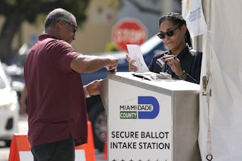 caption: Employees of the Miami-Dade County Elections Department process vote-by-mail ballots for the midterm elections in November 2022 in Miami.