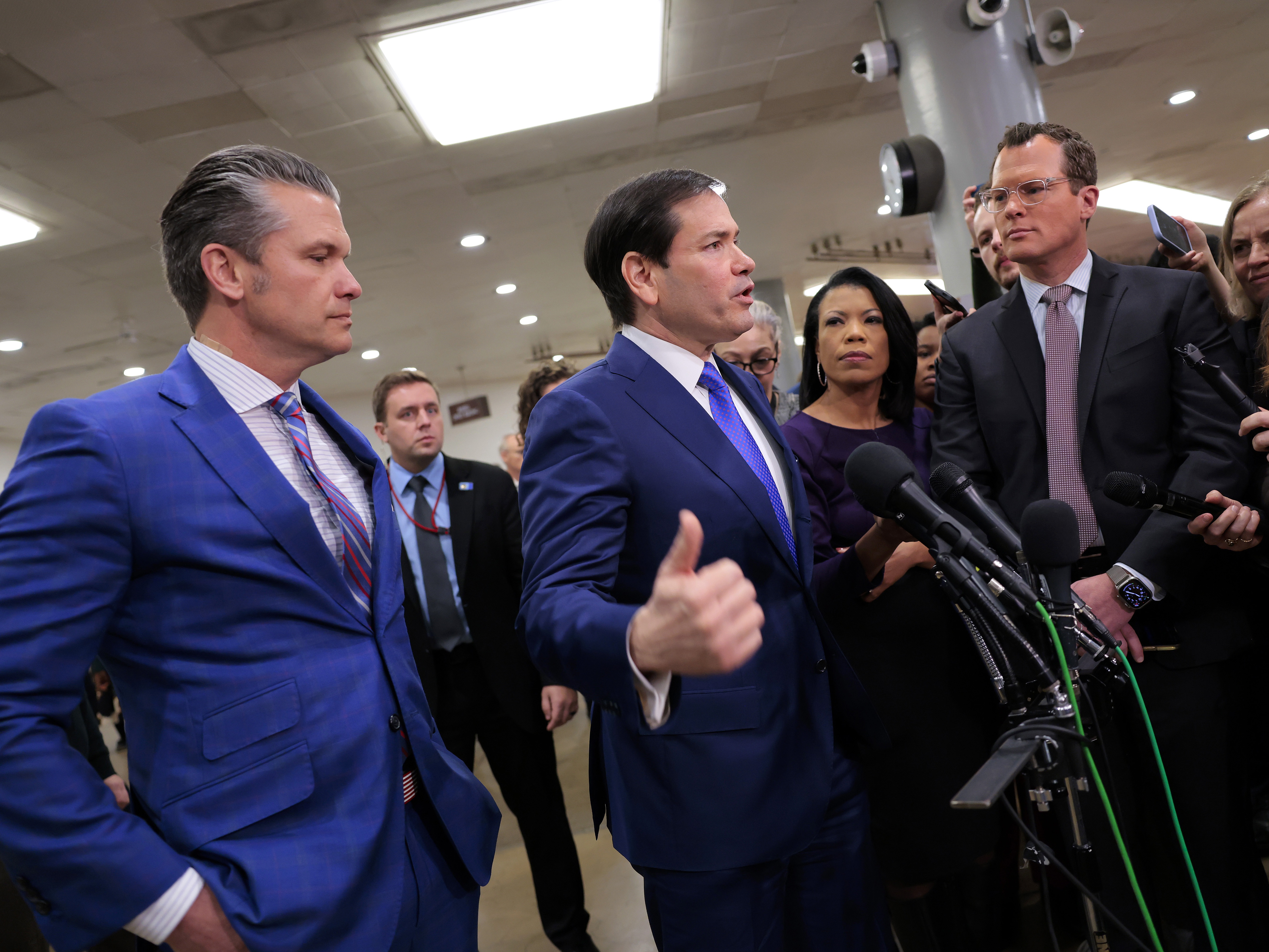 caption: Secretary of Defense Pete Hegseth and Secretary of State Marco Rubio spoke to reporters Wednesday following a closed door briefing with senators on the U.S. the capture of Venezuela's Nicolas Maduro and his wife, Cilia Flores.