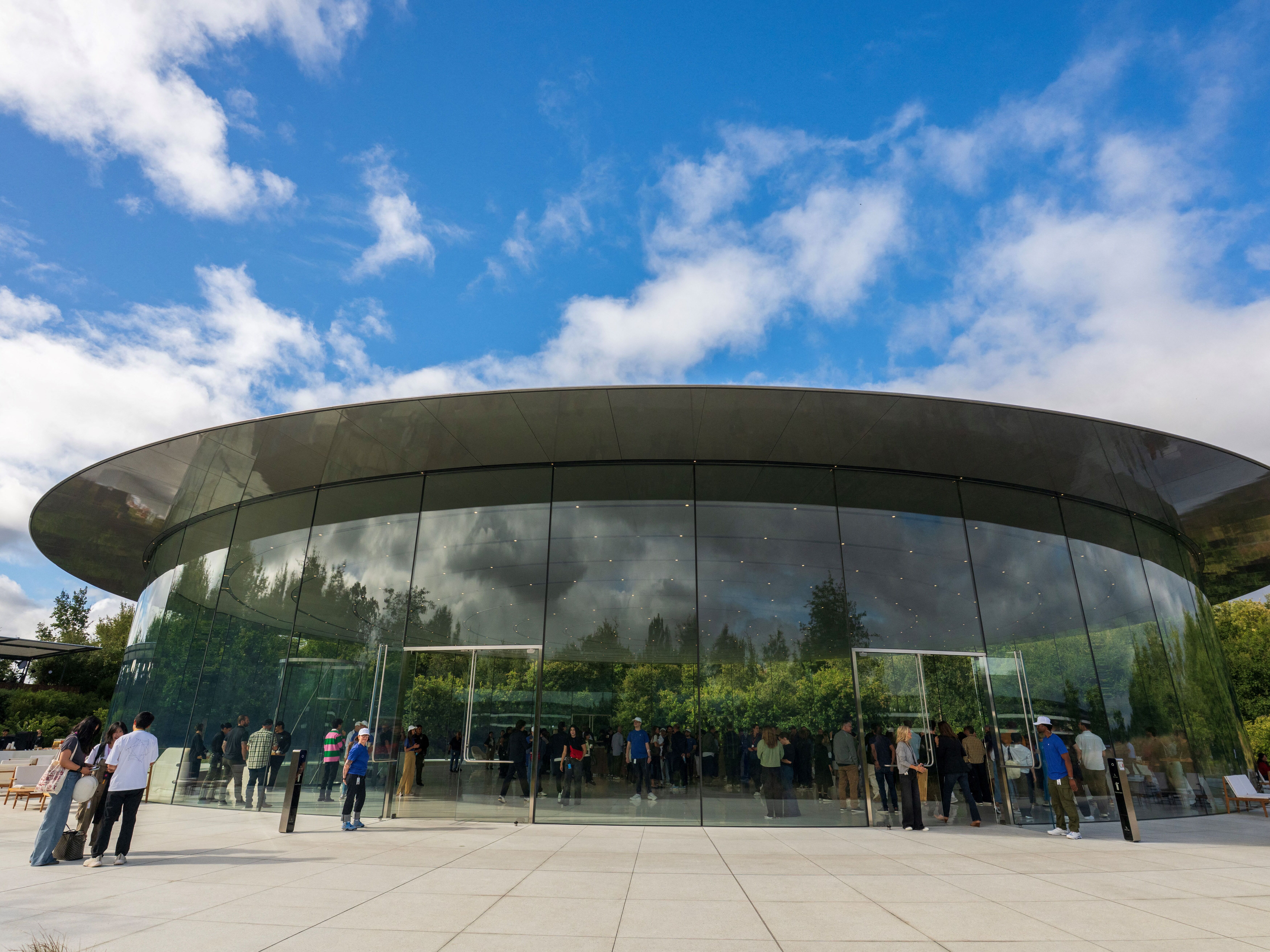 caption: View of the Steve Jobs Theater on the Apple Park campus in Cupertino.