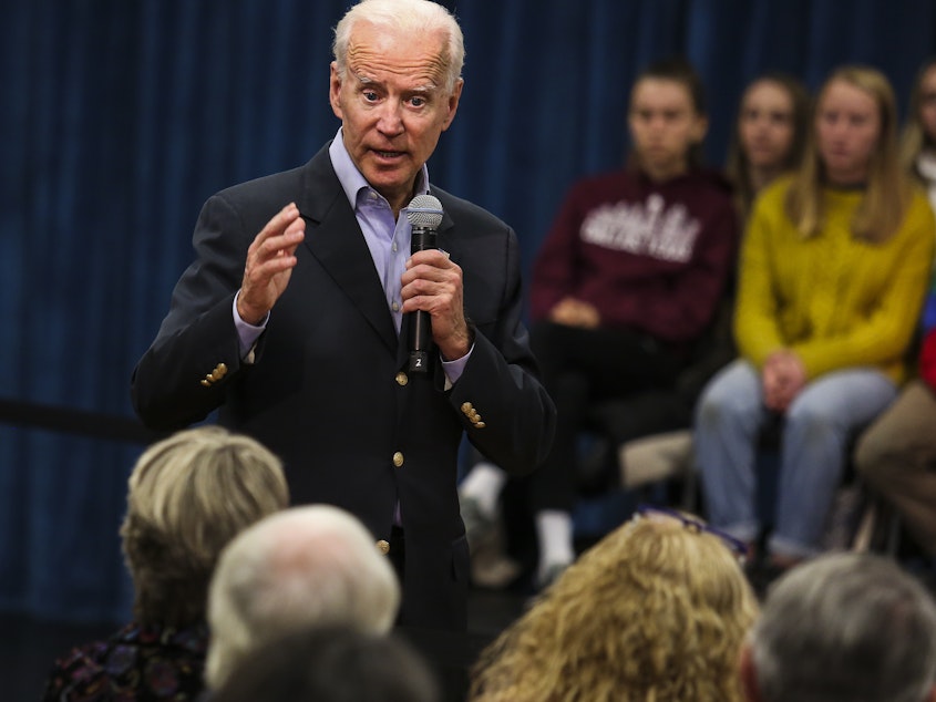 caption: Former Vice President Joe Biden at a town hall last month. On Thursday, Biden got into a heated exchange with an Iowa voter, calling the man a "damn liar."