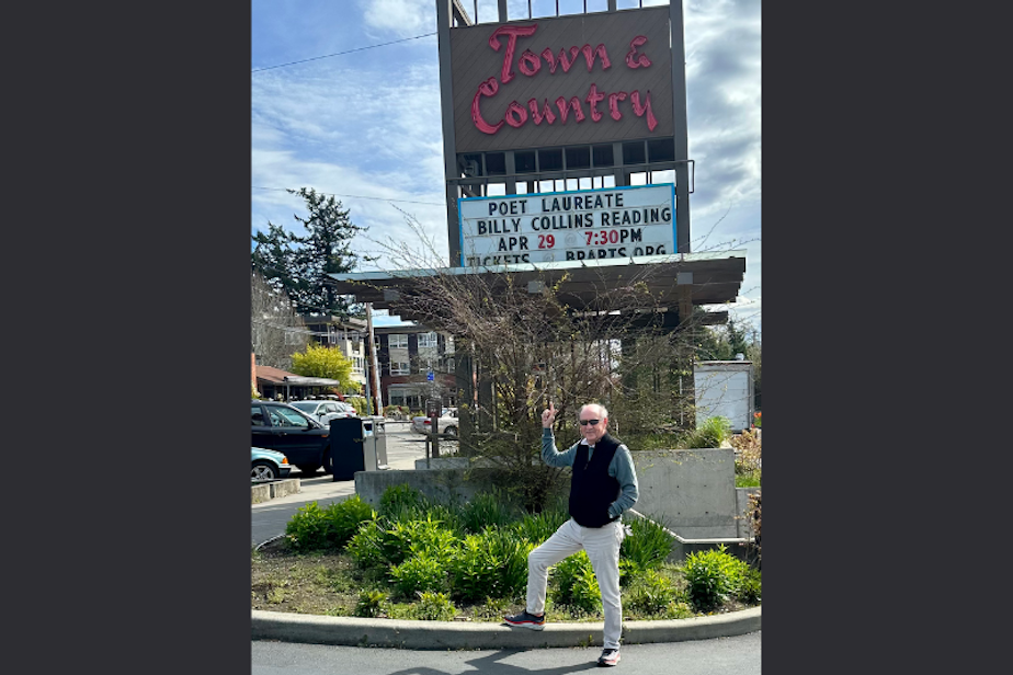 caption: Billy Collins at the Town and Country Market on Bainbridge Island, ahead of an event where he will be a featured speaker. 