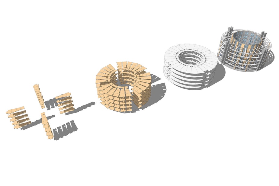 caption: Exploded parts view of the UN-tower designed by Matthias Olt at a previous firm, B+H Advance Strategy