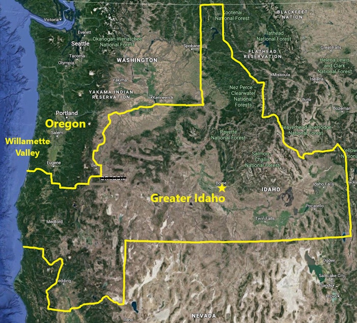 caption: Map of proposed boundaries of Greater Idaho. The northern California portion is on the back burner for now.