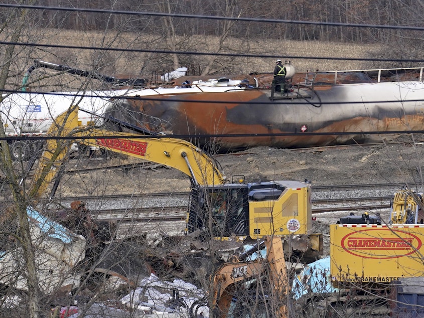 caption: This week, workers continued to clean up the derailed tank cars in East Palestine following the Feb. 3 crash.