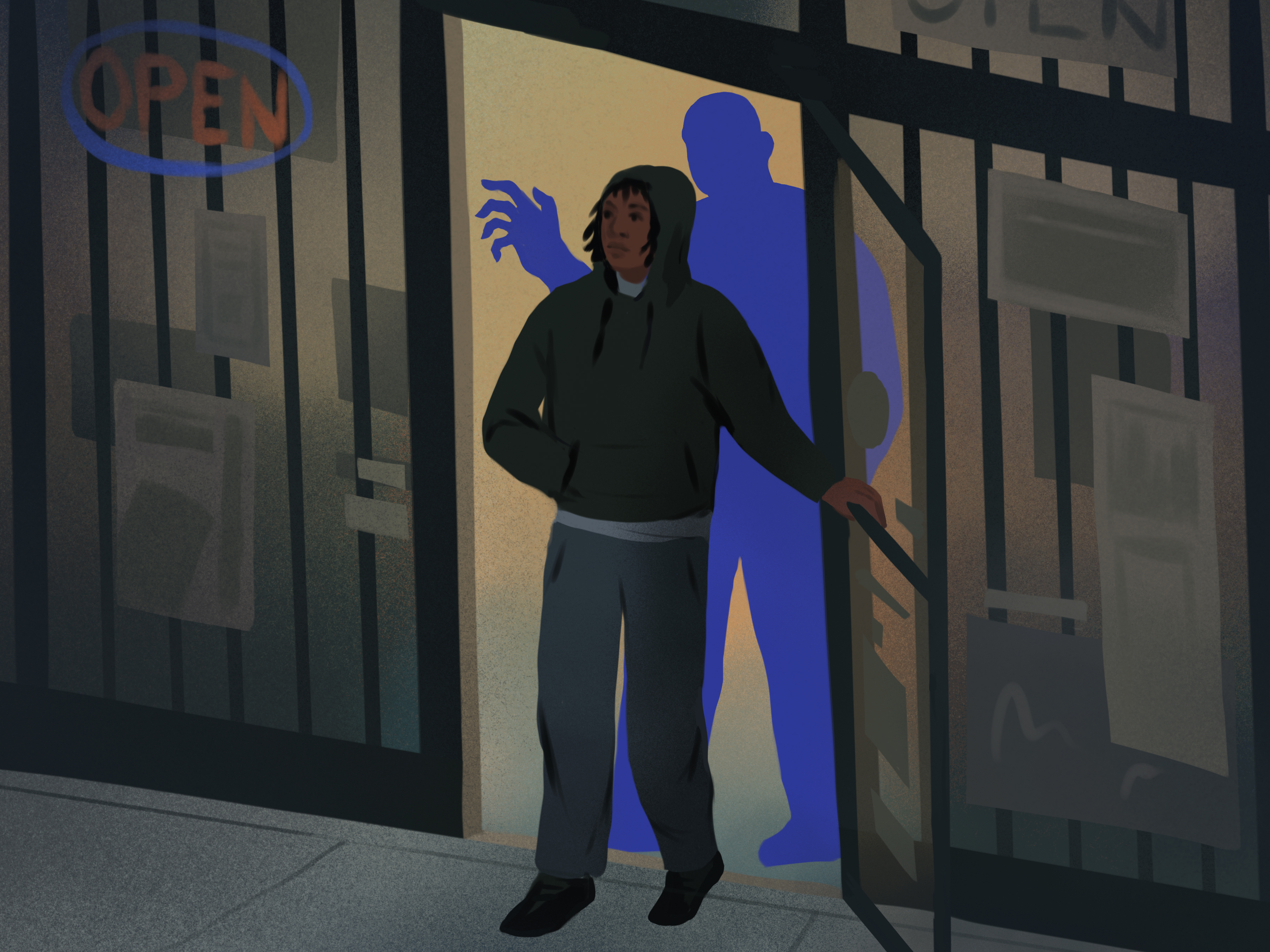 A teenager walks out of a store as a looming blue shape raises his hand behind him.