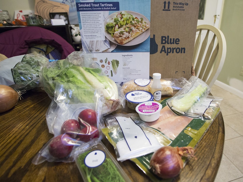 caption: While it may seem that heaps of plastic from meal kit delivery services like Blue Apron make them less environmentally friendly than traditional grocery shopping, a new study says the kits actually produce less food waste.