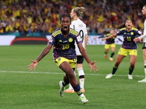 caption: Linda Caicedo of Colombia celebrates after scoring her team's first goal during the World Cup match between Germany and Colombia.