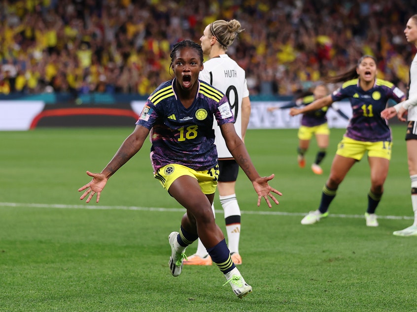 caption: Linda Caicedo of Colombia celebrates after scoring her team's first goal during the World Cup match between Germany and Colombia.