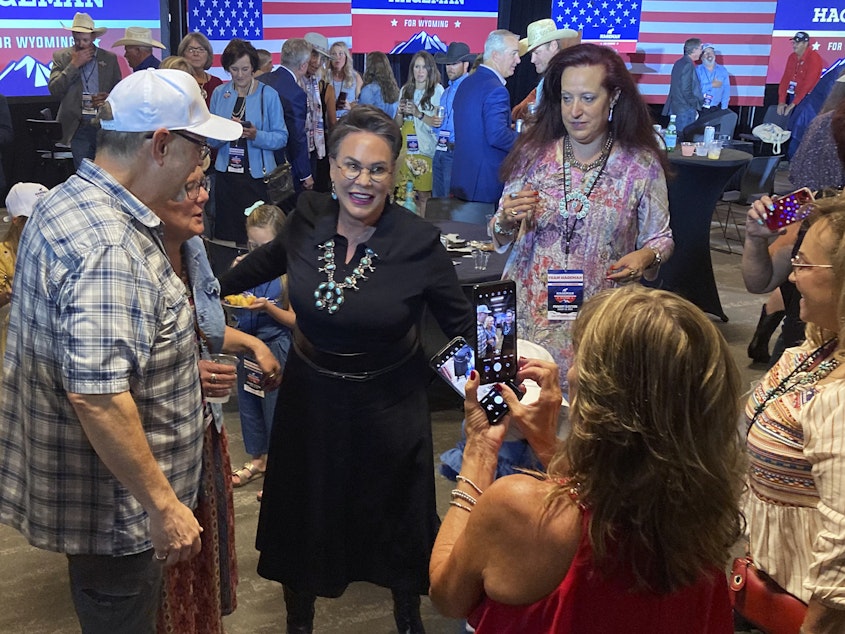caption: Republican House candidate Harriet Hageman speaks to supporters Tuesday, Aug. 16, 2022, in Cheyenne, Wyo., after defeating Rep. Liz Cheney, R-Wyo., in the Republican primary.