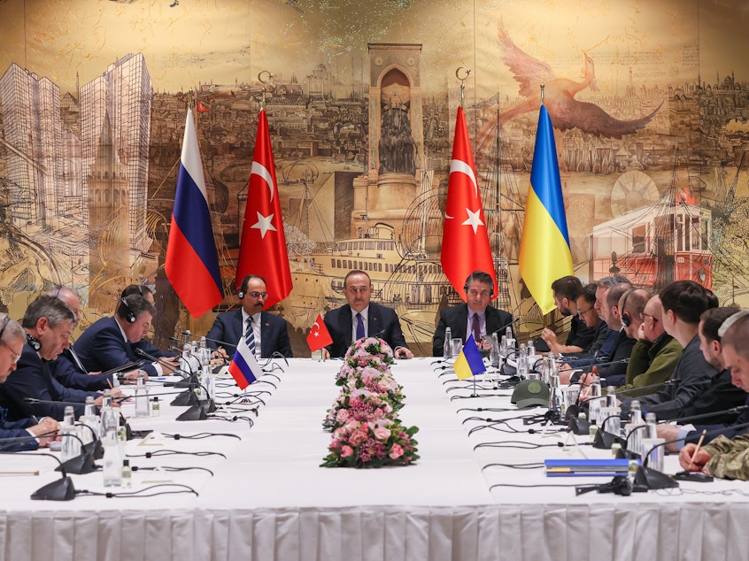 caption: Turkish Foreign Minister Mevlut Cavusoglu speaks during Tuesday's peace talks in Istanbul between delegations from Russia and Ukraine.