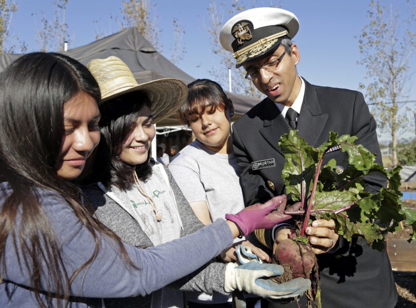 caption: Former U.S. Surgeon General Vivek Murthy and John C. Fremont High School students hold a beet grown in the school's Gardening Apprenticeship Program plot on the campus south of downtown Los Angeles Friday, Nov. 20, 2015. (Nick Ut/AP Photo)