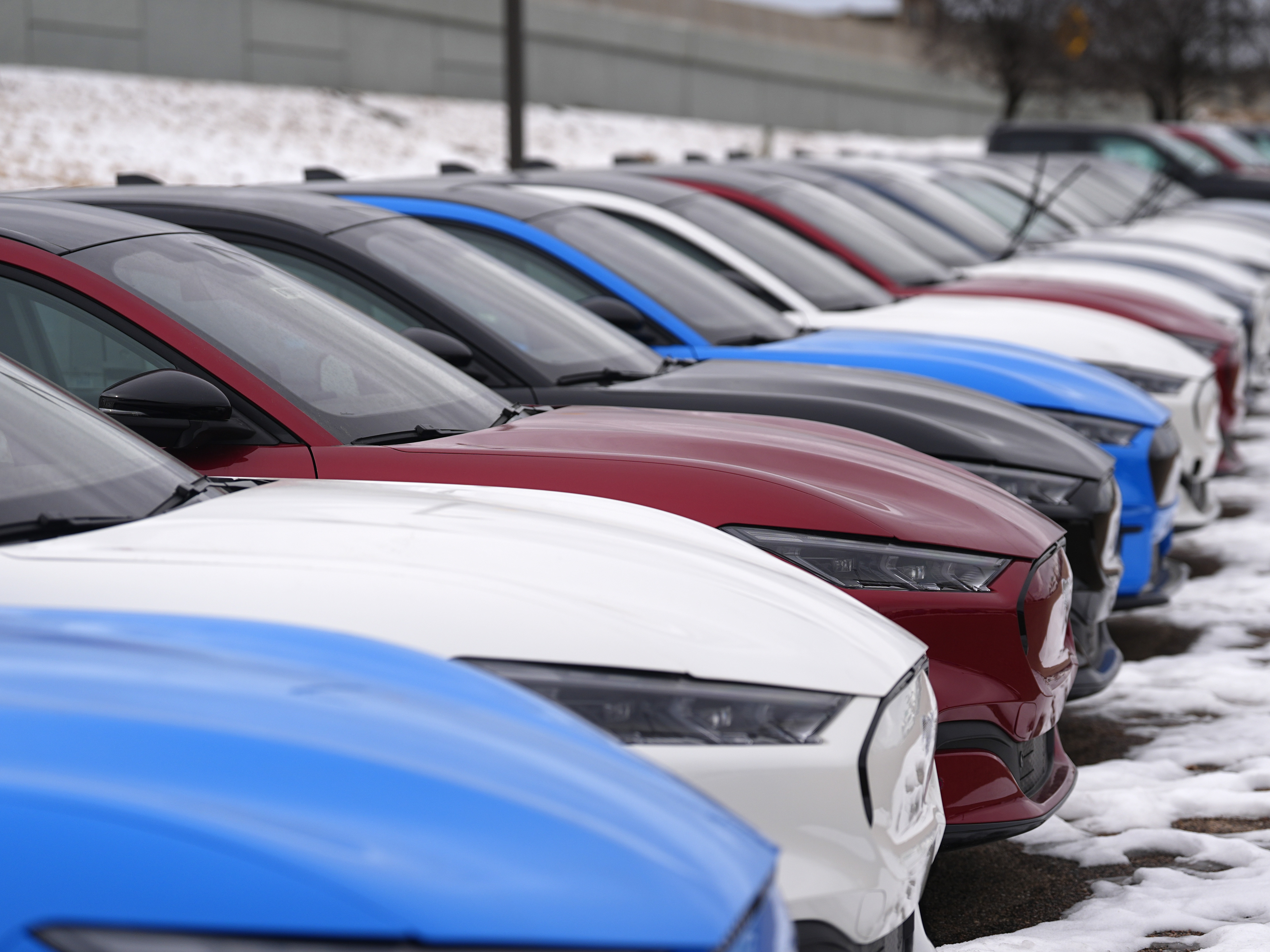 caption: Mustang Mach-E electric vehicles sit in a long row at a dealership on Jan. 21, 2024. Some customers who bought electric vehicles in 2024 are not able to access an EV tax credit now, because their dealers did not report the sale to the IRS using a new system.