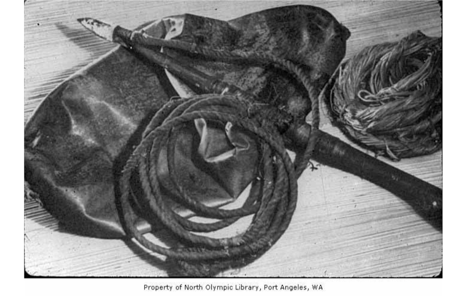 caption: Whaling implements, likely from the Makah Tribe.