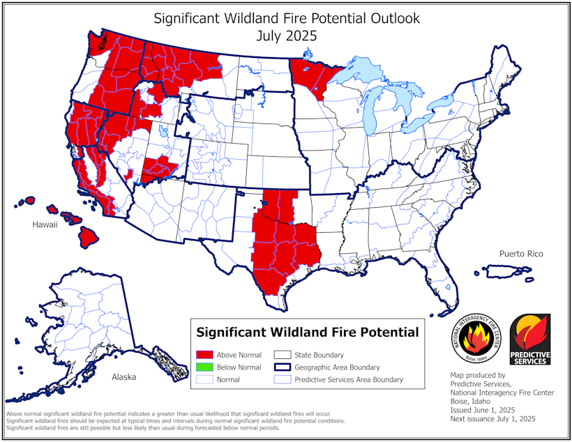caption: A map showing the level of fire risk expected in July of 2025. Washington state is almost completely red, meaning fire risk is above normal.